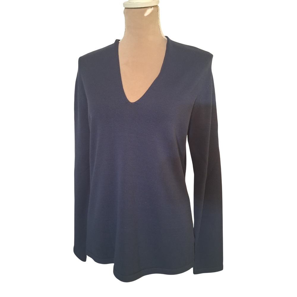 Magaschoni Womens Navy Blue V-Neck Long Sleeve Rayon Blend Knit Sweater Large